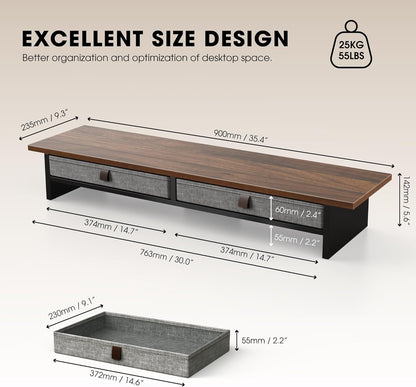 Monitor Stand with Drawer, 2 Tiers Dual Monitor Riser for Desk, 35 Inch Computer Stand for 2 Monitors, Desk Shelf for Home, Office, Laptop, PC, TV, Printer