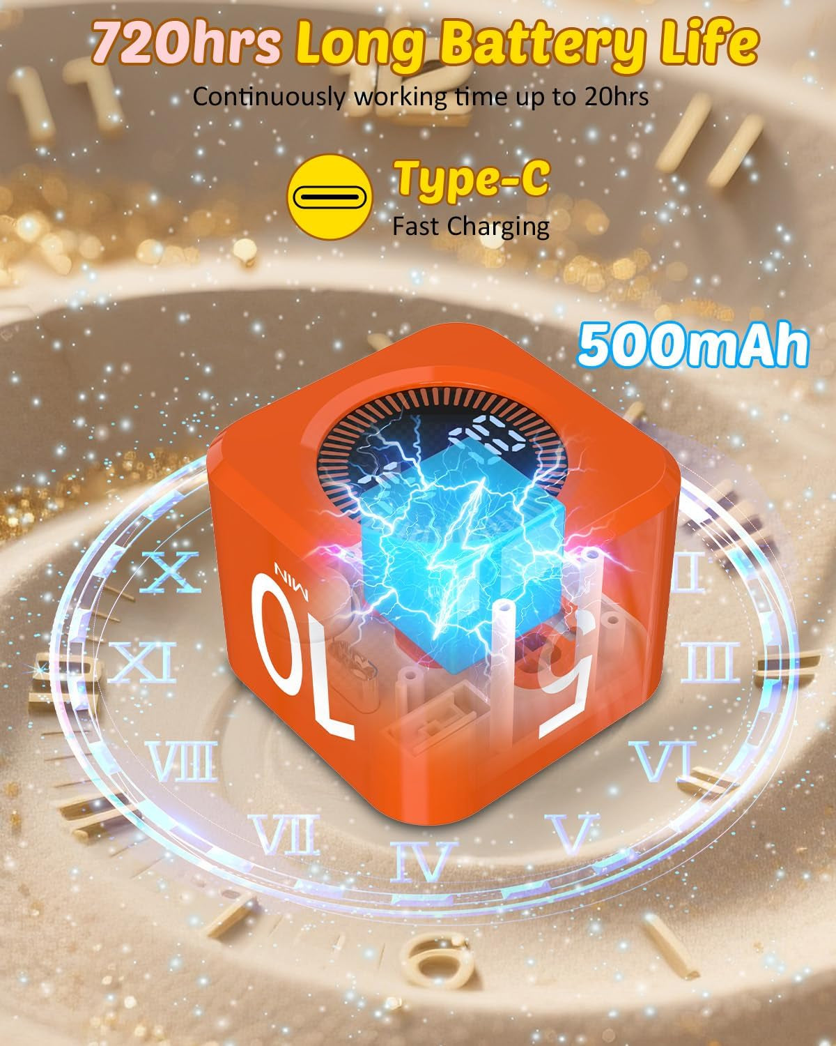 Digital Pomodoro Timer Cube 5/10/25/50Min, Visual Productivity Flip Timer for Kids Classroom Desk, Custom Countdown, Silent and Sound Mode for ADHD Study Work Game Kitchen (Orange)