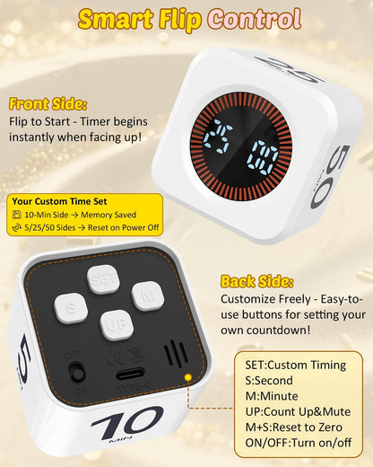 Digital Pomodoro Timer Cube 5/10/25/50Min, Visual Productivity Flip Timer for Kids Classroom Desk, Custom Countdown, Silent and Sound Mode for ADHD Study Work Game Kitchen (White)