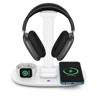4-in-1 Wireless Charging Station for AirPods Max, Smartphone, Smartwatch, and Earbuds - Compact and Portable Design in White