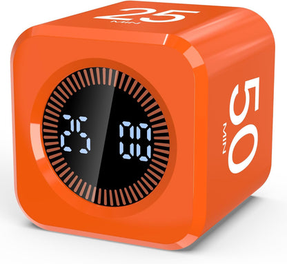 Digital Pomodoro Timer Cube 5/10/25/50Min, Visual Productivity Flip Timer for Kids Classroom Desk, Custom Countdown, Silent and Sound Mode for ADHD Study Work Game Kitchen (Orange)