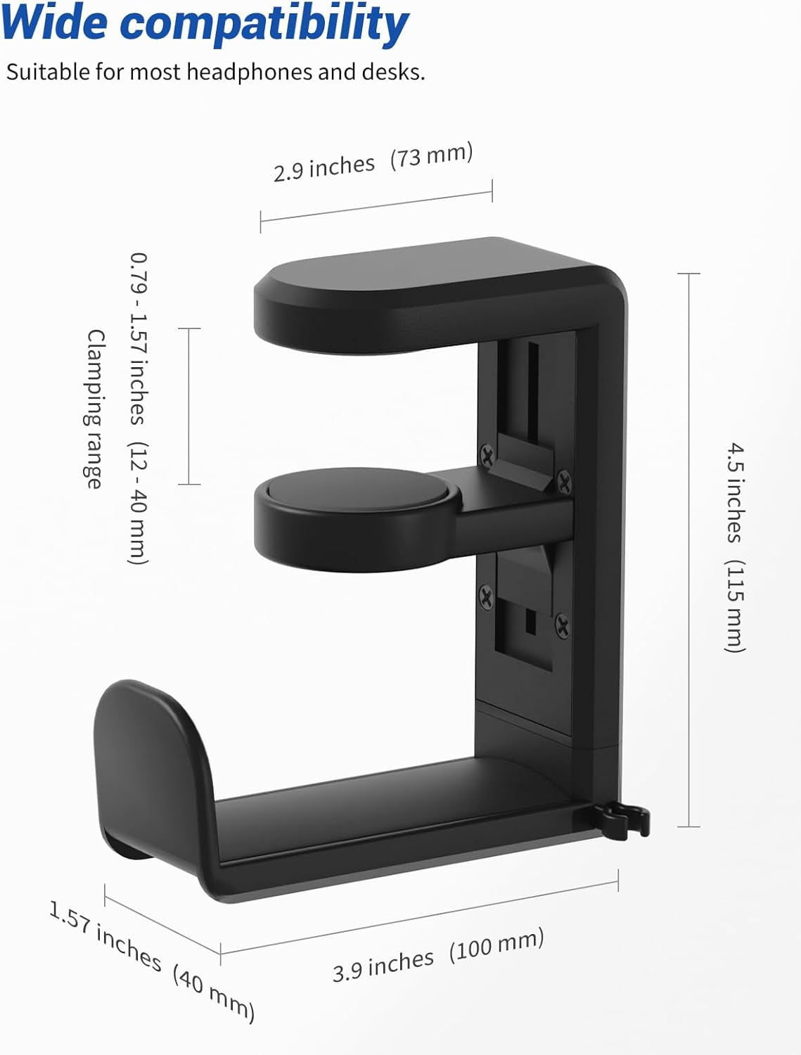 Headphone Hook - under Desk Headphone Holder with 360-Degree Adjustable Rotation, Black