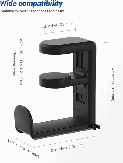 Headphone Hook - under Desk Headphone Holder with 360-Degree Adjustable Rotation, Black