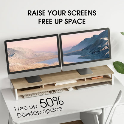 Dual Monitor Stand for Desk, 42.5In Large Monitor Riser for 2 Monitors, 2 Tier Computer Office Desk Top Shelf, Desktop Storage Stand for Laptop, PC, Computer, Printer
