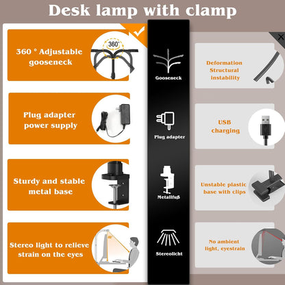 Professional LED Desk Lamp for Home Office, 24W Eye-Caring Adjustable Clamp Light with 5 Brightness Levels and 5 Color Temperatures, Flexible Gooseneck Design for Study and Workbench Use (Black)