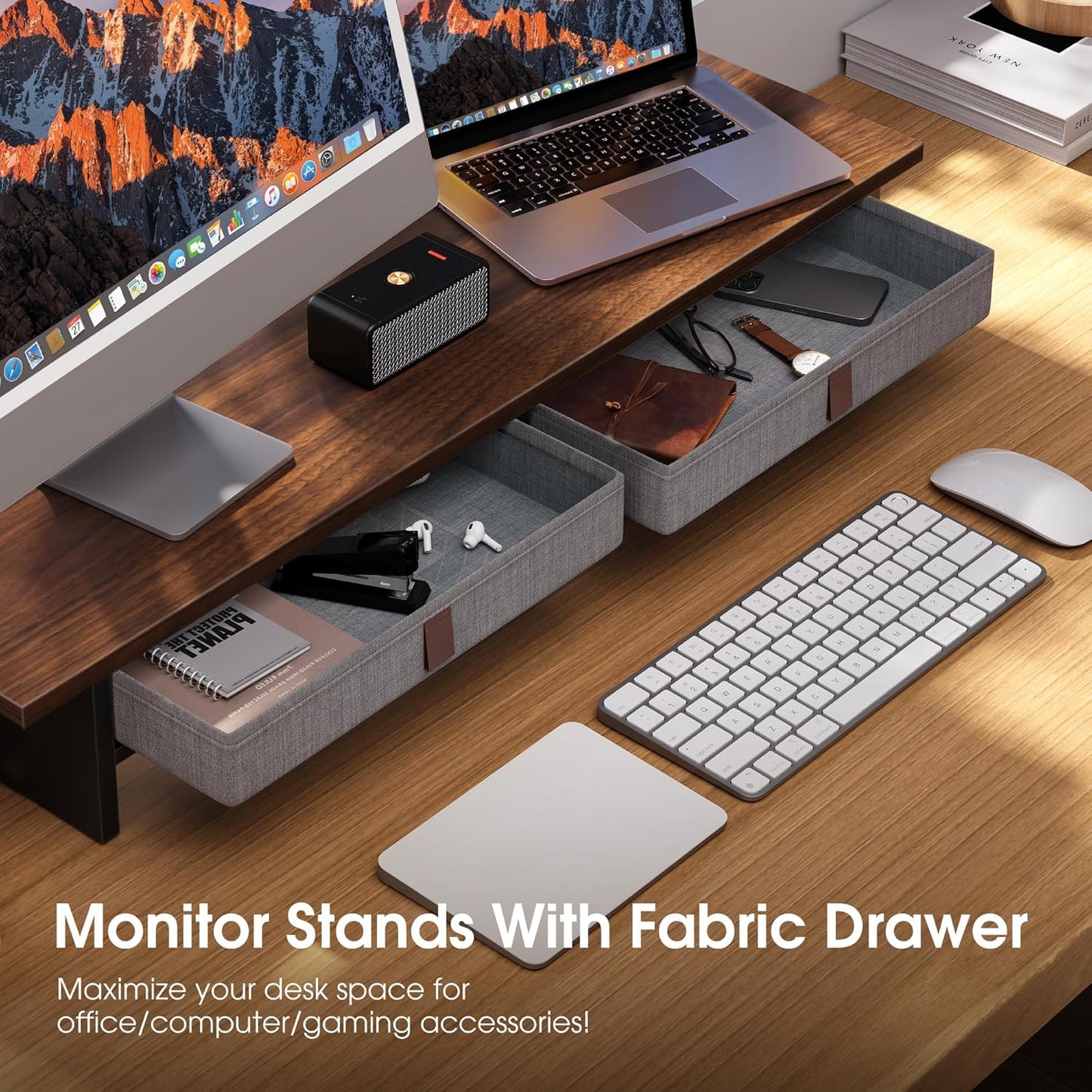 Monitor Stand with Drawer, 2 Tiers Dual Monitor Riser for Desk, 35 Inch Computer Stand for 2 Monitors, Desk Shelf for Home, Office, Laptop, PC, TV, Printer