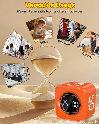 Digital Pomodoro Timer Cube 5/10/25/50Min, Visual Productivity Flip Timer for Kids Classroom Desk, Custom Countdown, Silent and Sound Mode for ADHD Study Work Game Kitchen (Orange)
