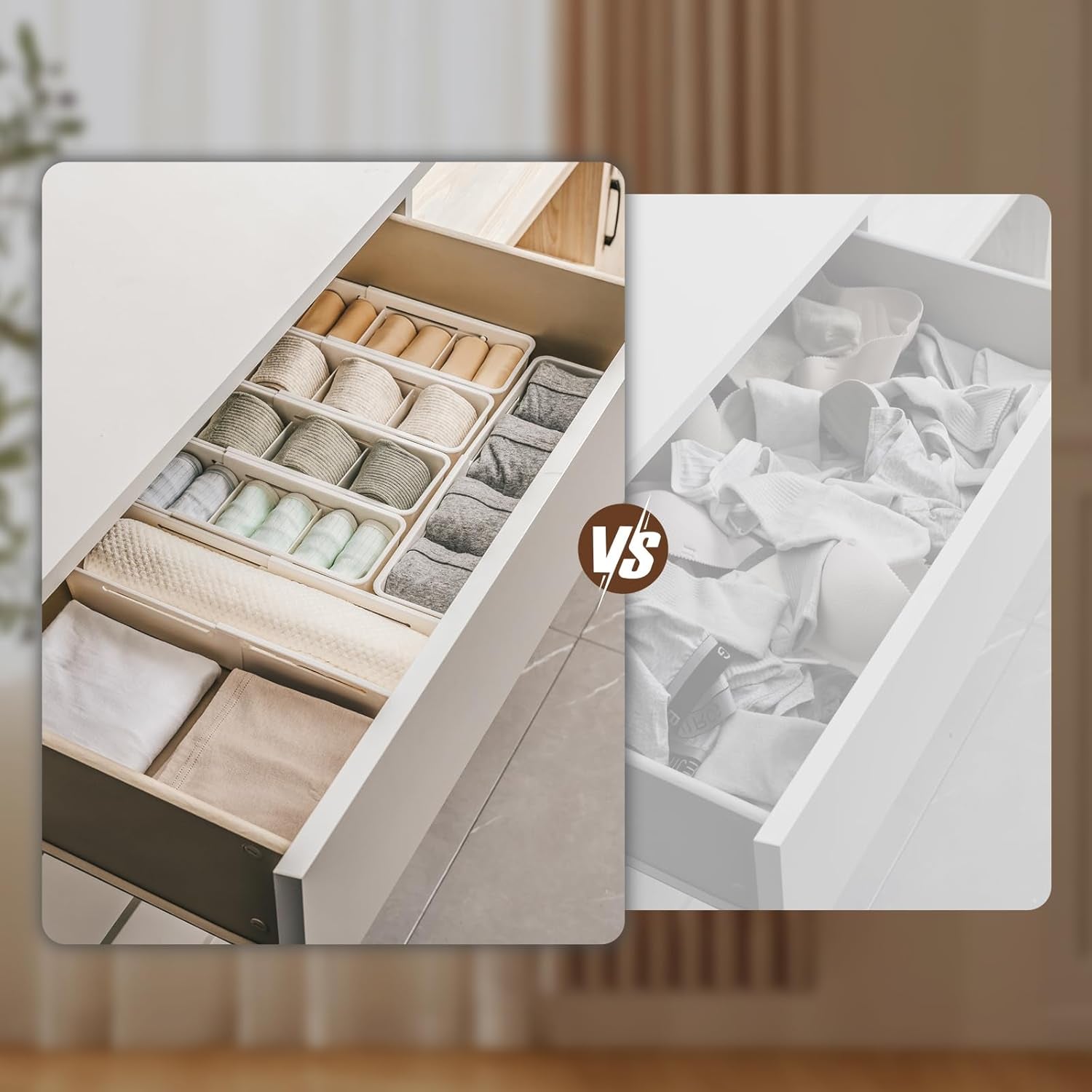 Drawer Organizers, Expandable Desk Drawer Organizer Plastic Storage Bins, Dresser Organizer for Nursery，Bathroom, Kitchen, Makeup, Office, White, 4 Pack，2L,2M