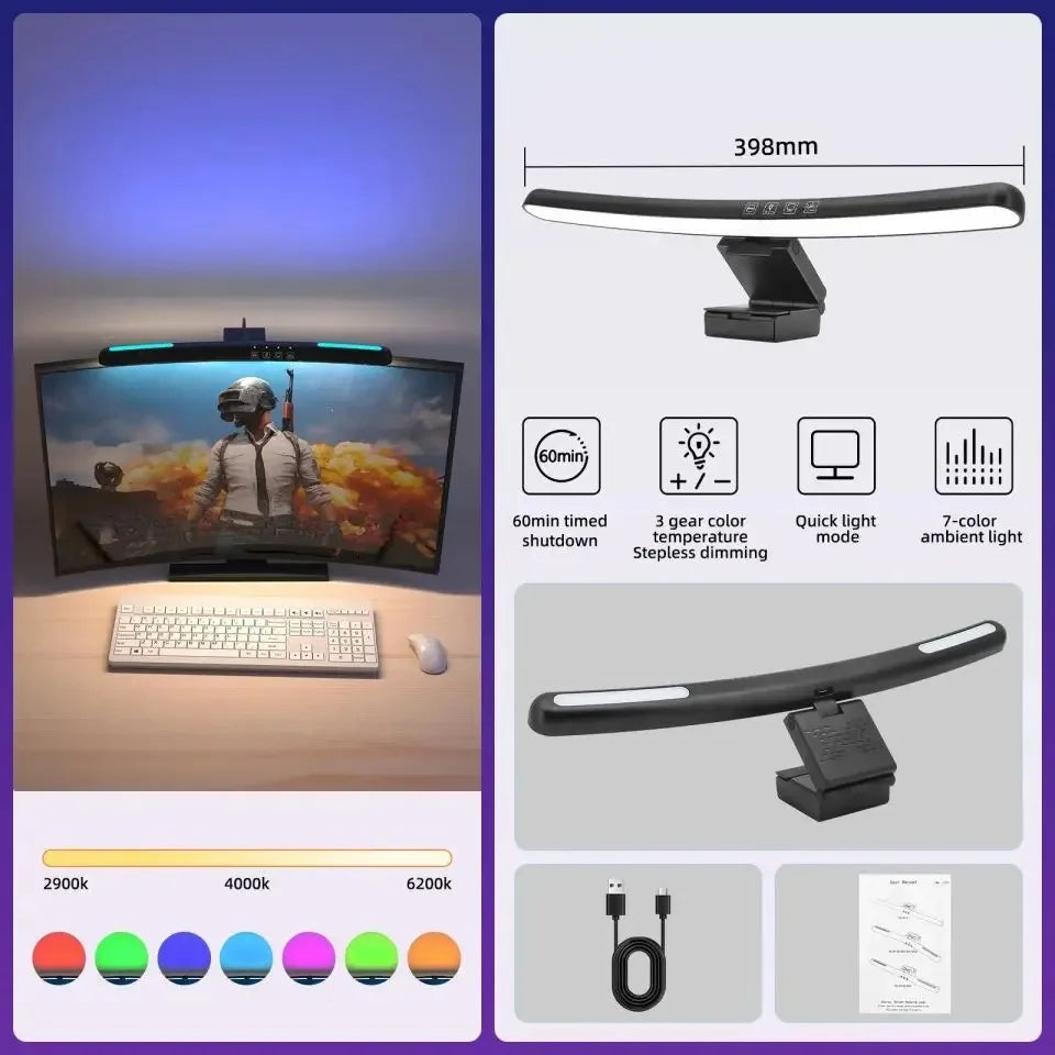 Curved RGB Backlit Monitor Light Bar - Eye-Caring Touch Atmosphere Lamp for Gaming Room Decoration