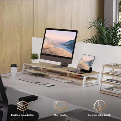 Dual Monitor Stand for Desk, 42.5In Large Monitor Riser for 2 Monitors, 2 Tier Computer Office Desk Top Shelf, Desktop Storage Stand for Laptop, PC, Computer, Printer