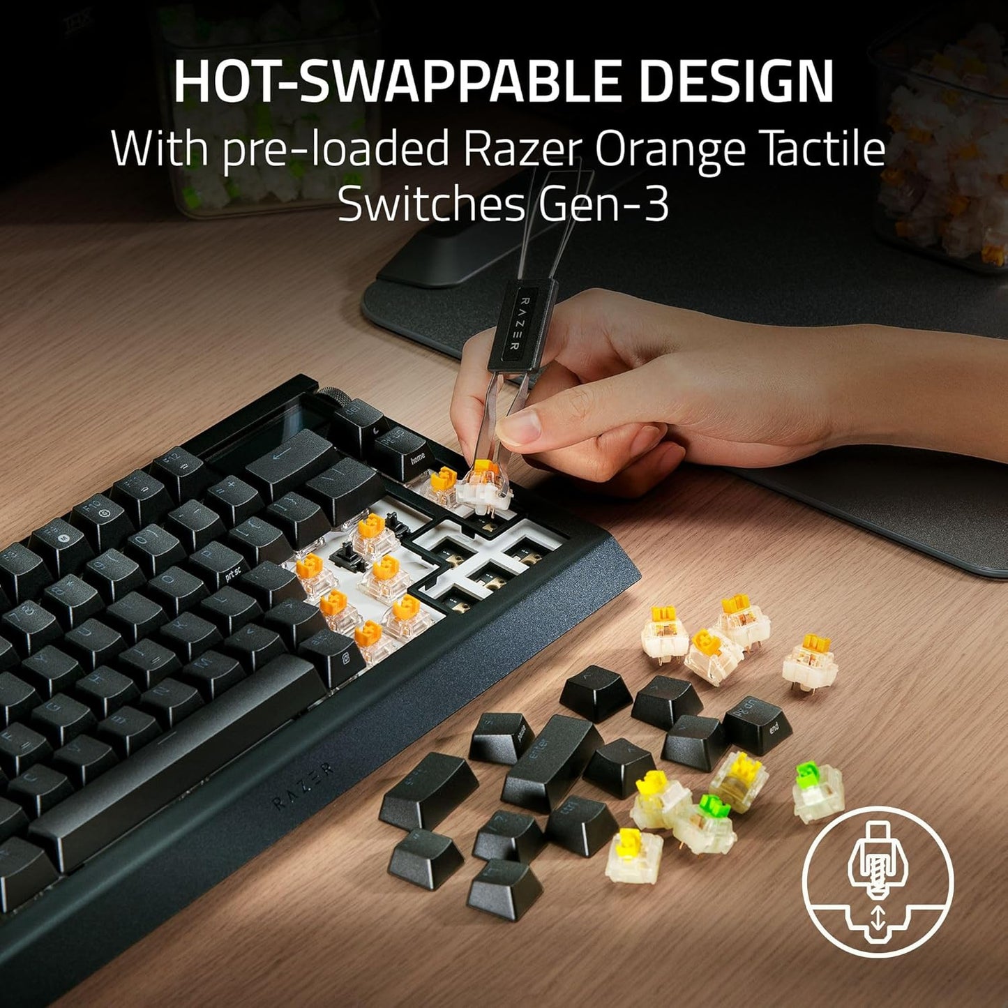 Blackwidow V4 Pro 75% Wireless Gaming Keyboard: OLED Display - True 4K Hz Wireless - Bluetooth - Hot Swappable - Orange Tactile Switches - Command Dial - Snap Tap - Chroma RGB - Wrist Rest