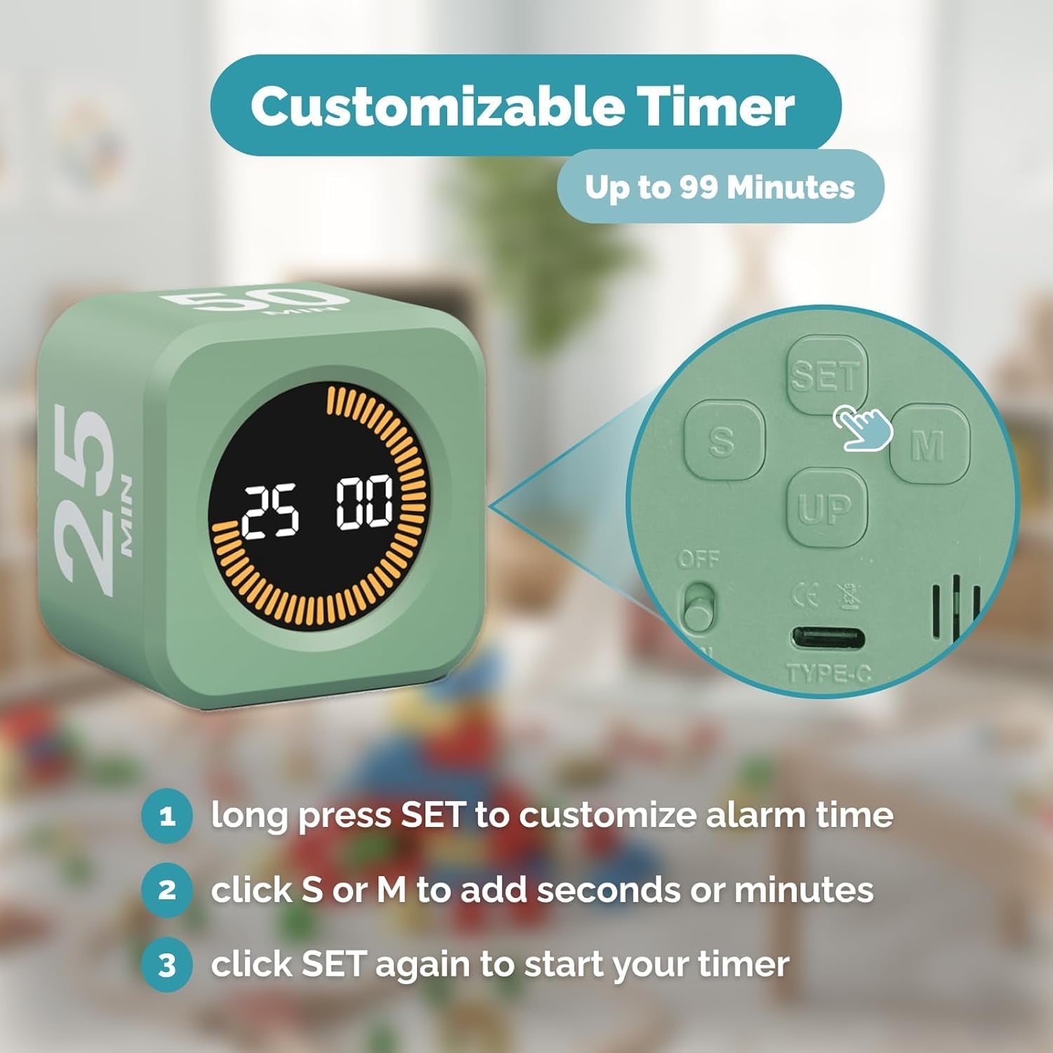 Pomodoro Cube Timer Productivity Visual Timer - 5/10/25/50 Min Rotating Countdown (1, Green)