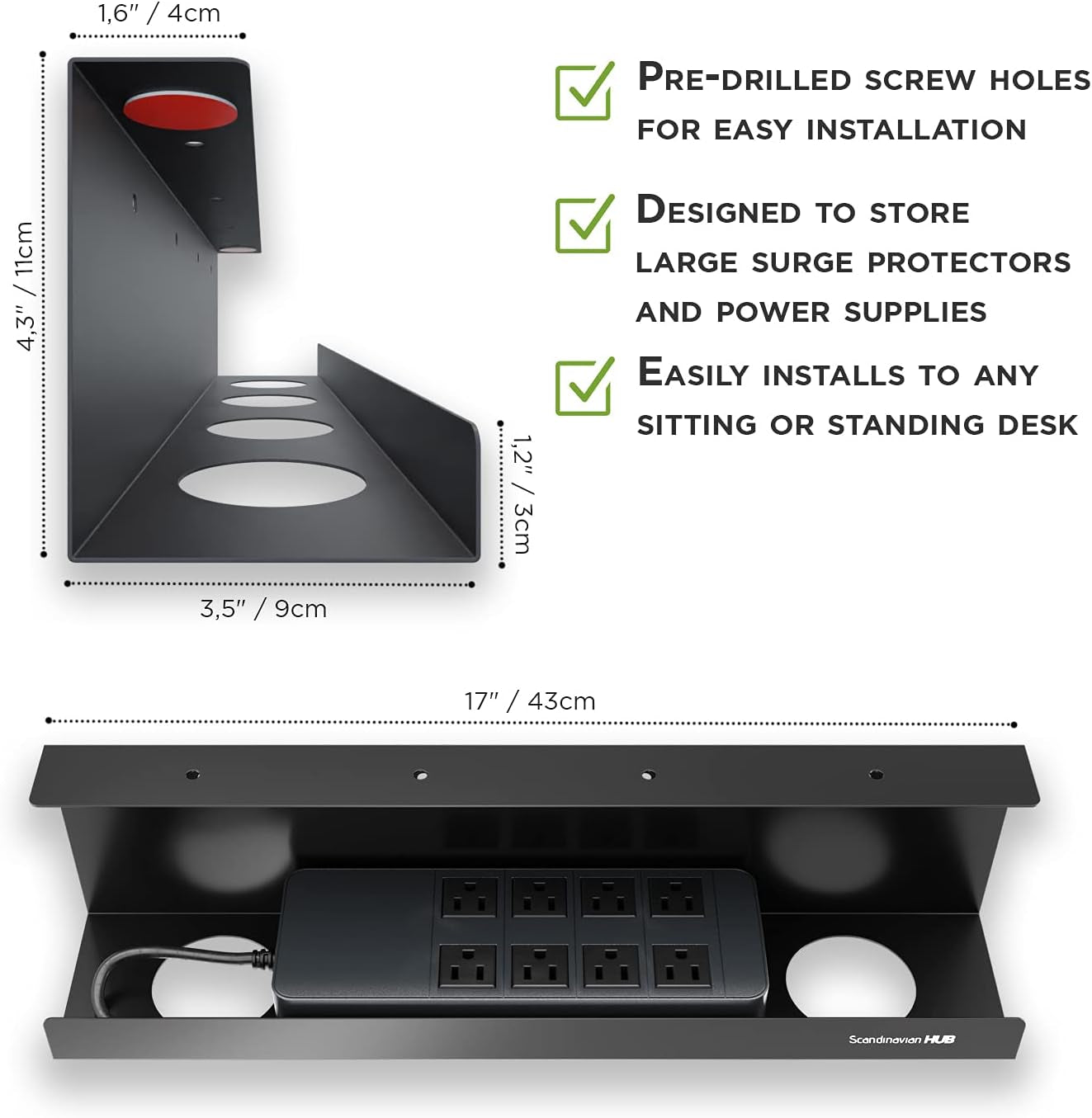 Under Desk Cable Management Tray - No Drill Organizer for Glass Desk. Perfect Standing Cable Management Rack (Black Wire Tray - Single 17'')