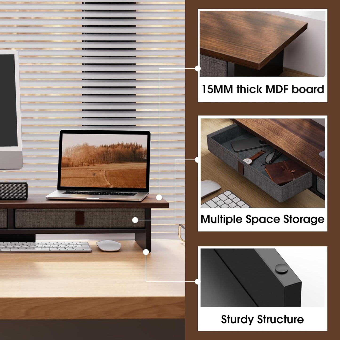 Monitor Stand with Drawer, 2 Tiers Dual Monitor Riser for Desk, 35 Inch Computer Stand for 2 Monitors, Desk Shelf for Home, Office, Laptop, PC, TV, Printer