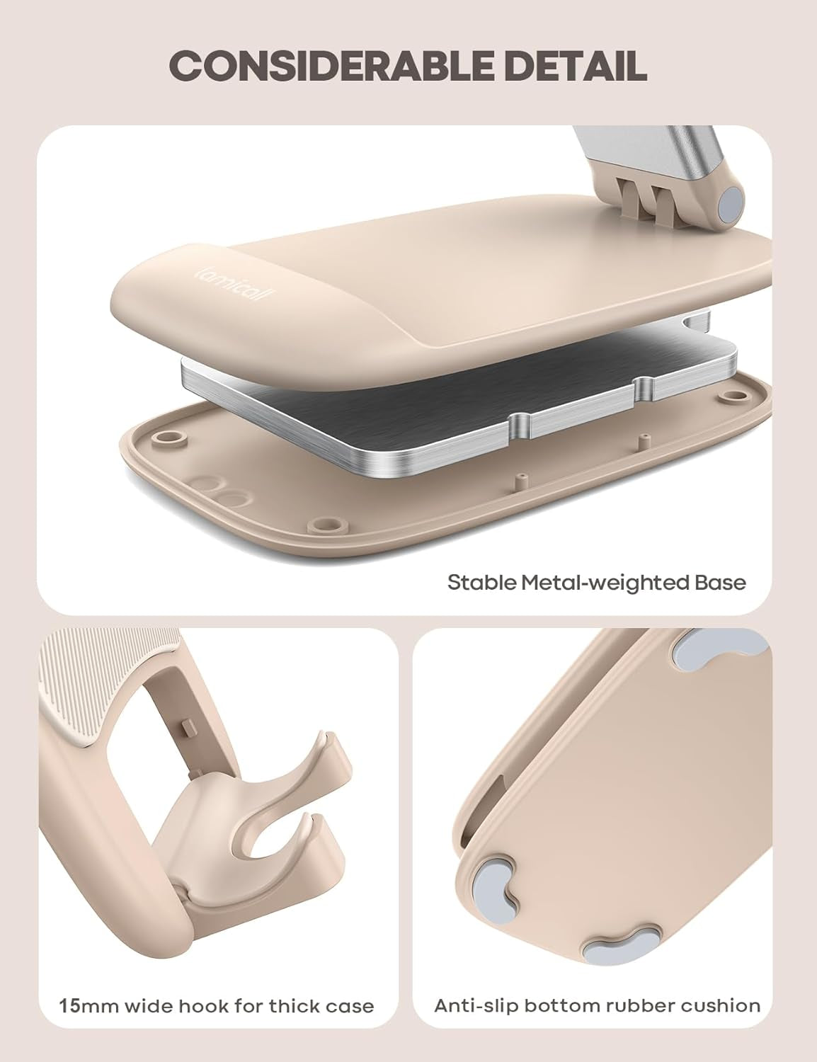 Khaki Phone Holder for Desk - Cellphone Stand Khaki Desk Accessories Desktop Office Must Have Compatible Gifts for Iphone, Telephone Stand, 4-8'' Smartphone
