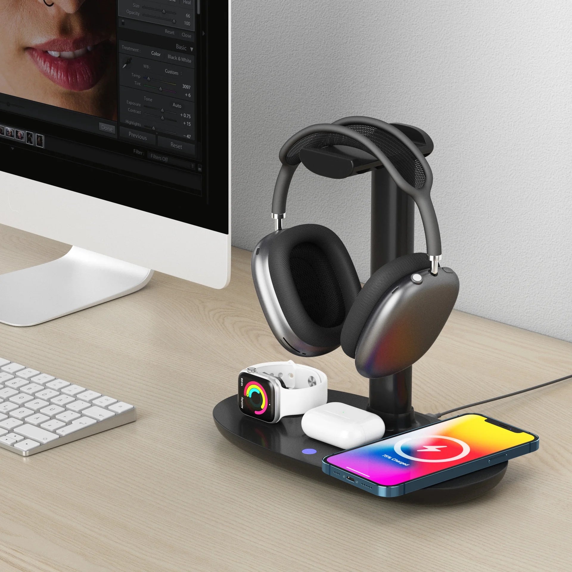 4-in-1 Wireless Charging Station for AirPods Max, Smartphone, Smartwatch, and Earbuds - Compact and Portable Design in White