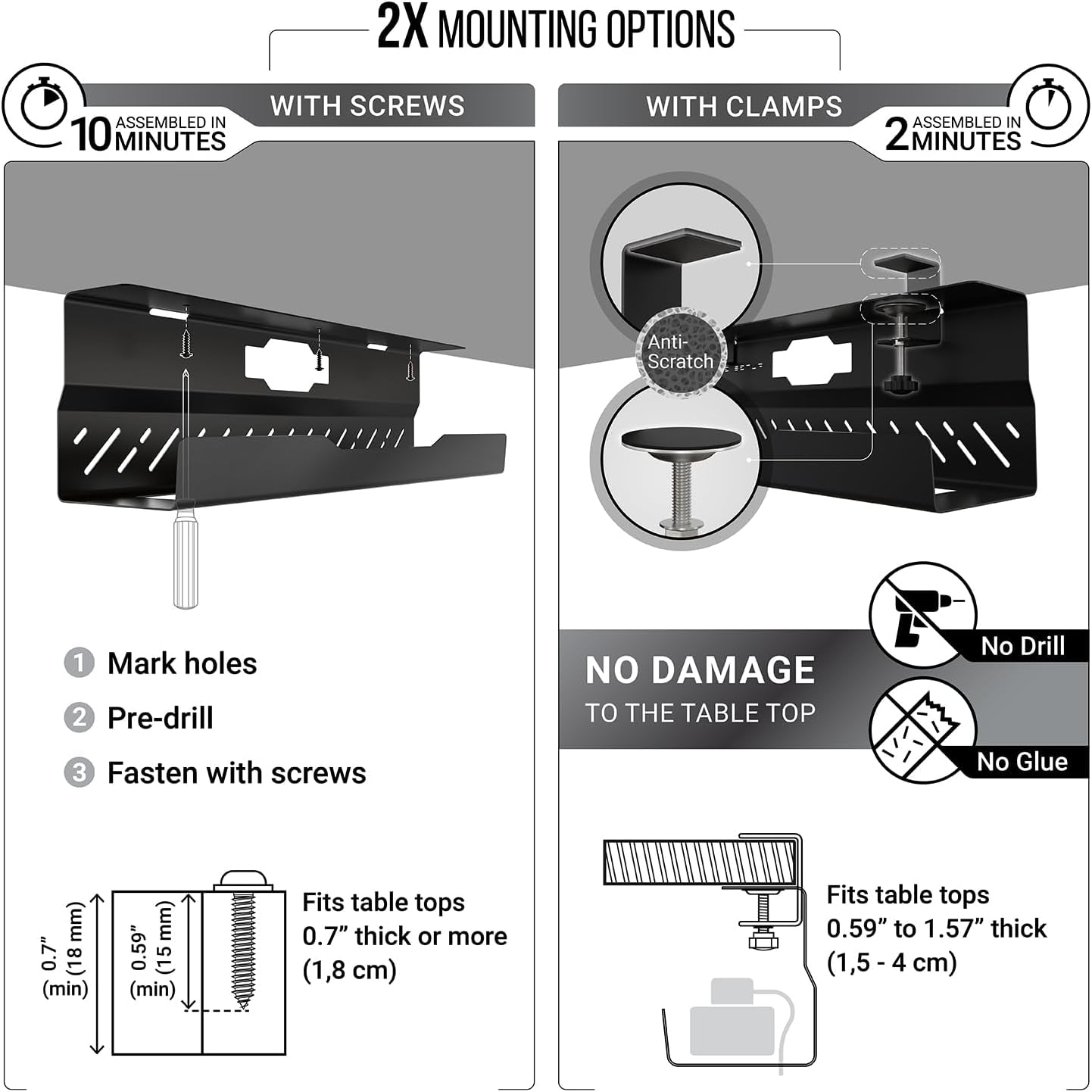 Under Desk Cable Management Tray No Drill – Wire Management - Cord Organizer – Huge Load Capacity – under Desk Cable Tray No Drill (Black, 2 Pieces Set)