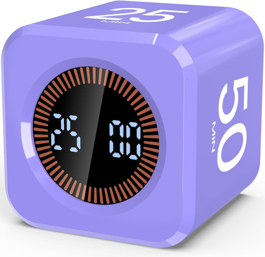 Digital Pomodoro Timer Cube 5/10/25/50Min, Visual Productivity Flip Timer for Kids Classroom Desk, Custom Countdown, Silent and Sound Mode for ADHD Study Work Game Kitchen (Purple)