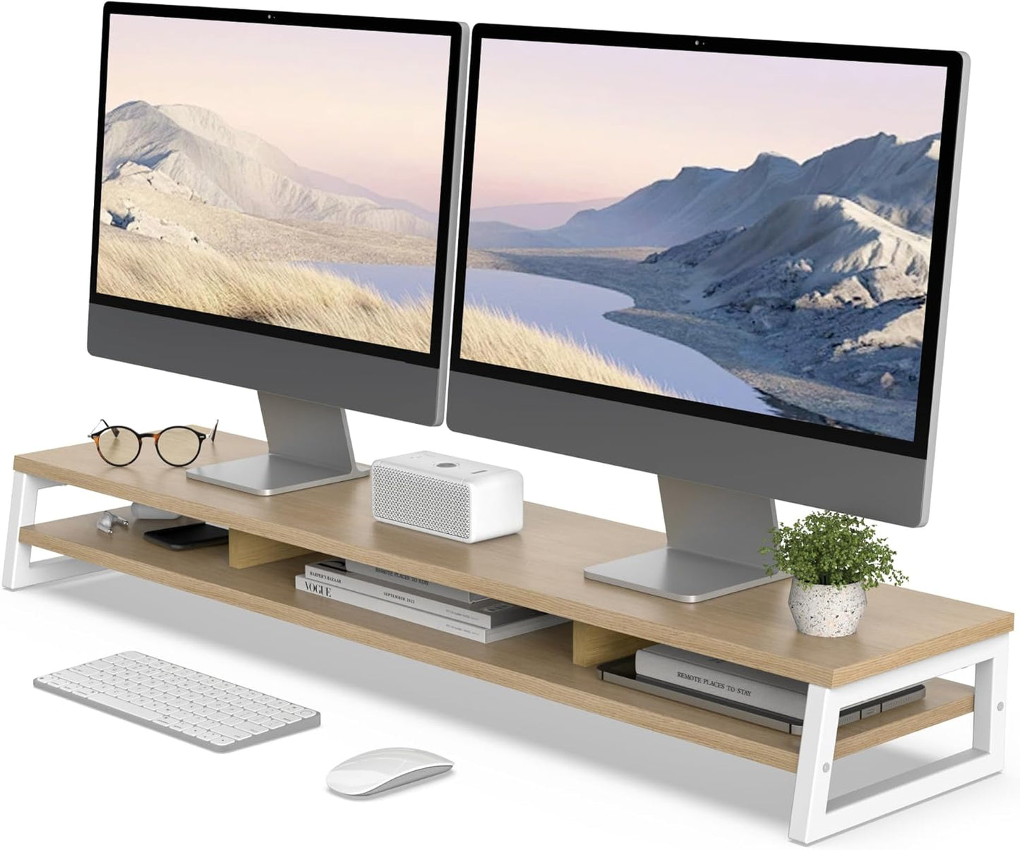 Dual Monitor Stand for Desk, 42.5In Large Monitor Riser for 2 Monitors, 2 Tier Computer Office Desk Top Shelf, Desktop Storage Stand for Laptop, PC, Computer, Printer